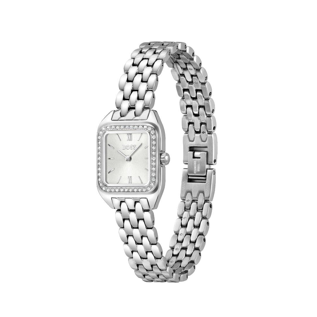 A silver-tone stainless steel women's watch with a square bezel, crystal-encrusted hour markers, and a matching metal link bracelet, shown on a plain white background.