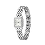 A silver-tone stainless steel women's watch with a square bezel, crystal-encrusted hour markers, and a matching metal link bracelet, shown on a plain white background.