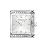 A silver BOSS watch with a square silver dial, Roman numeral hour markers, and a bezel encrusted with small clear stones, shown against a plain white background.