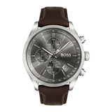A Hugo Boss wristwatch with a silver stainless steel case, a dark gray dial with three subdials, and a brown leather strap, shown against a plain white background.