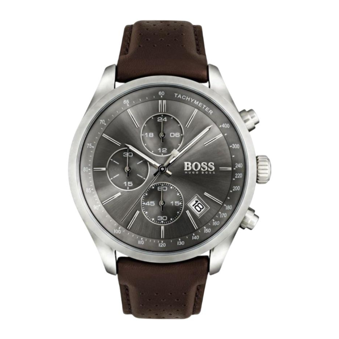 A Hugo Boss wristwatch with a silver stainless steel case, a dark gray dial with three subdials, and a brown leather strap, shown against a plain white background.