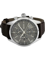 Hugo Boss chronograph watch with a silver-tone case, dark gray dial, and brown perforated leather strap on a white background.