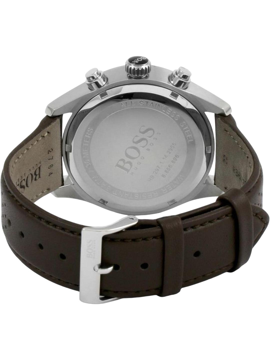 The back view of a Hugo Boss watch with a brown leather strap and a silver stainless steel case, showing the branded metal case back and crown.