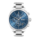 A silver stainless steel BOSS watch with a blue dial, featuring three sub-dials, a date window, and a link bracelet, shown against a plain white background.