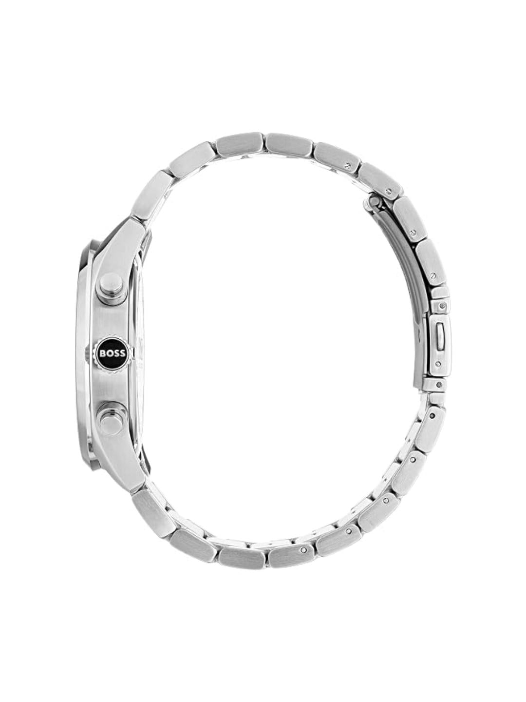 A silver stainless steel smartwatch with a matching metal link bracelet, shown from a side profile view on a solid white background. The side of the watch case features a black circular dial with the 'BOSS' brand name in white.