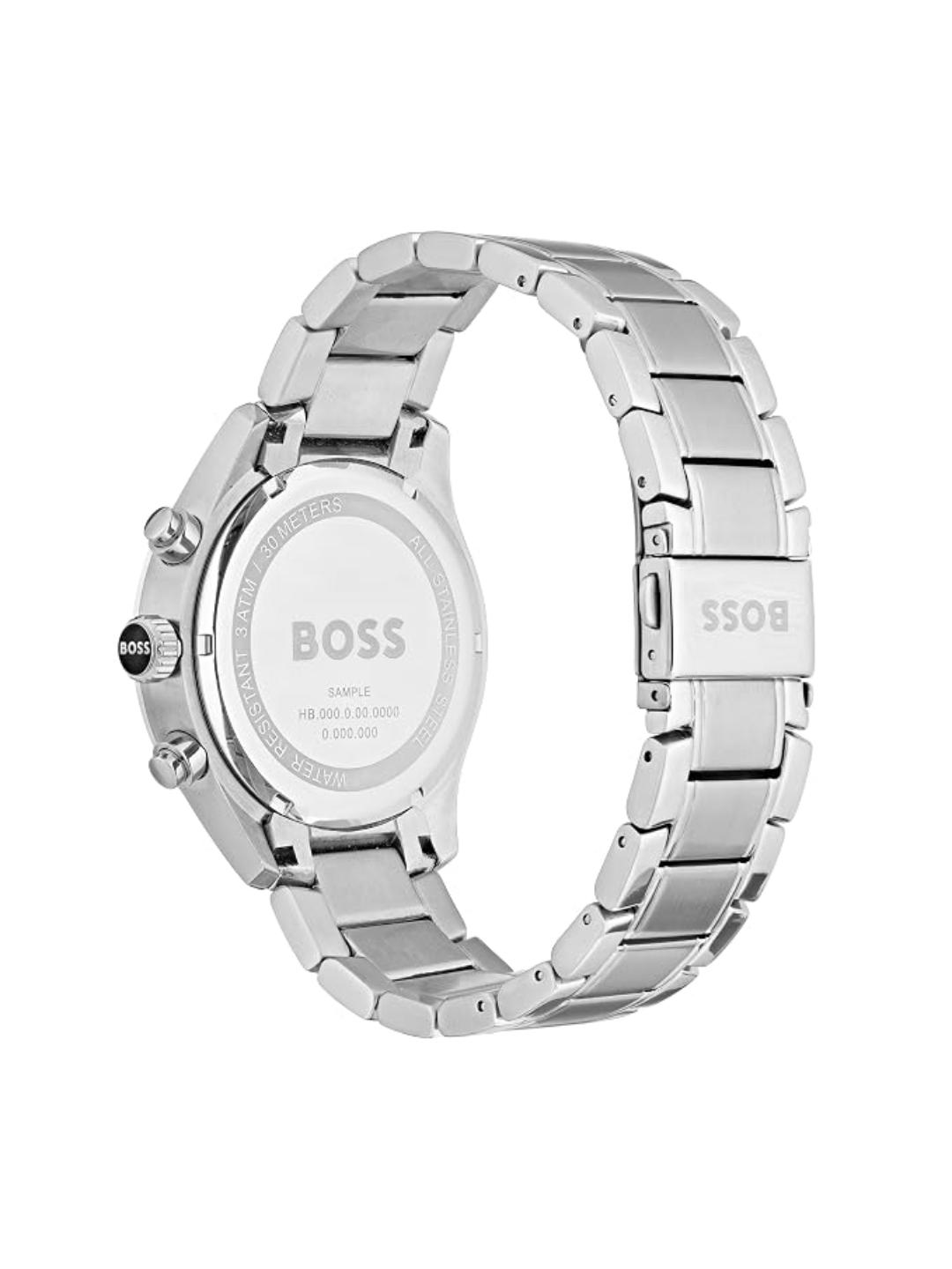 Silver stainless steel watch with a matching link bracelet, shown from the back to display the case back and clasp, featuring the BOSS brand name.