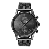 A Hugo Boss chronograph watch with a dark gray dial, black case, and a matching black mesh strap, shown against a plain white background.