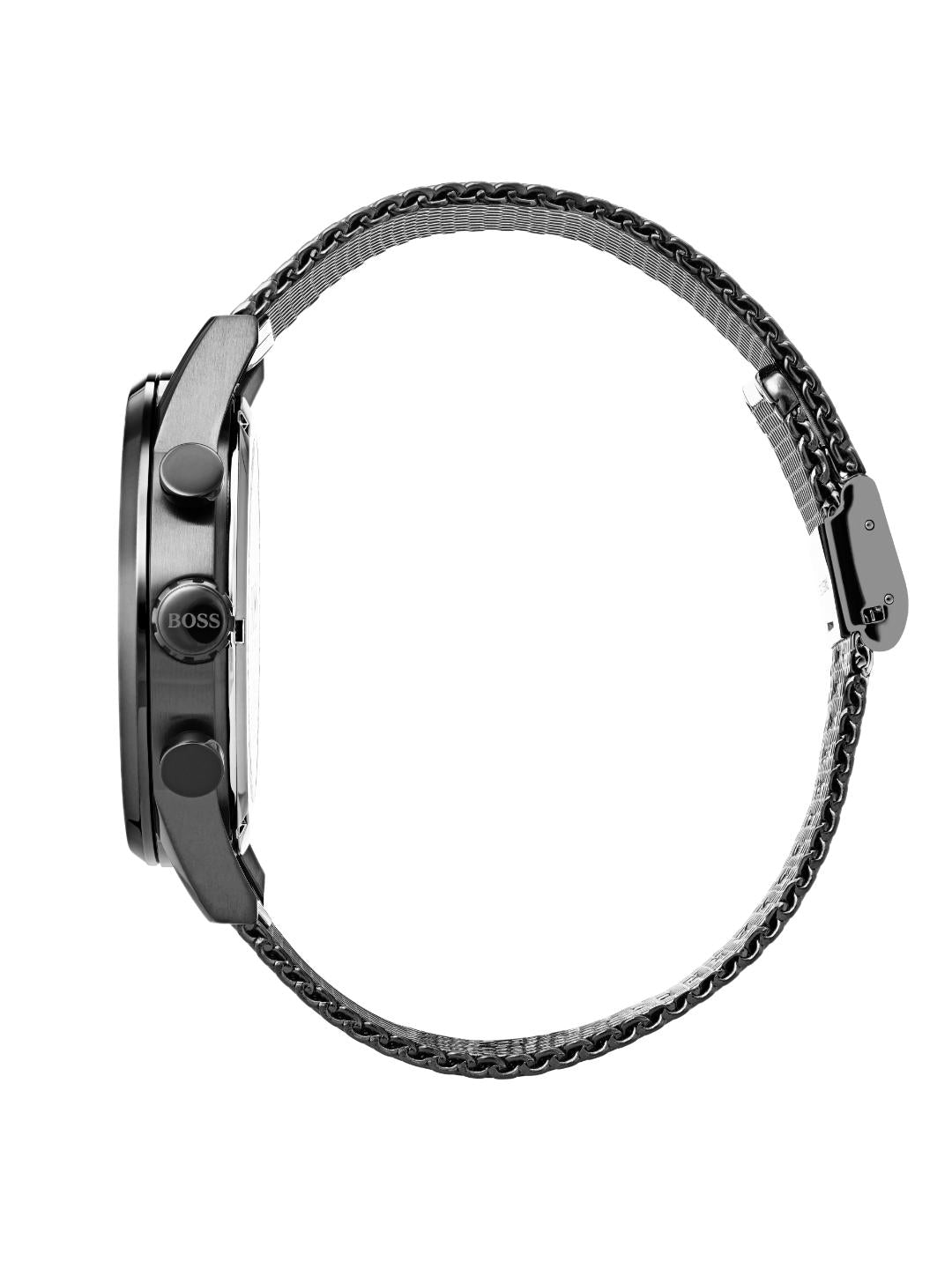 A dark gray smartwatch shown from the side profile, featuring a textured metallic mesh band and a dark gunmetal casing with two prominent side buttons. The brand name 'HUGO' is visible on the side button.