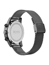 A Hugo Boss wristwatch with a dark gray metallic mesh strap and a black case, shown from the back on a white background.