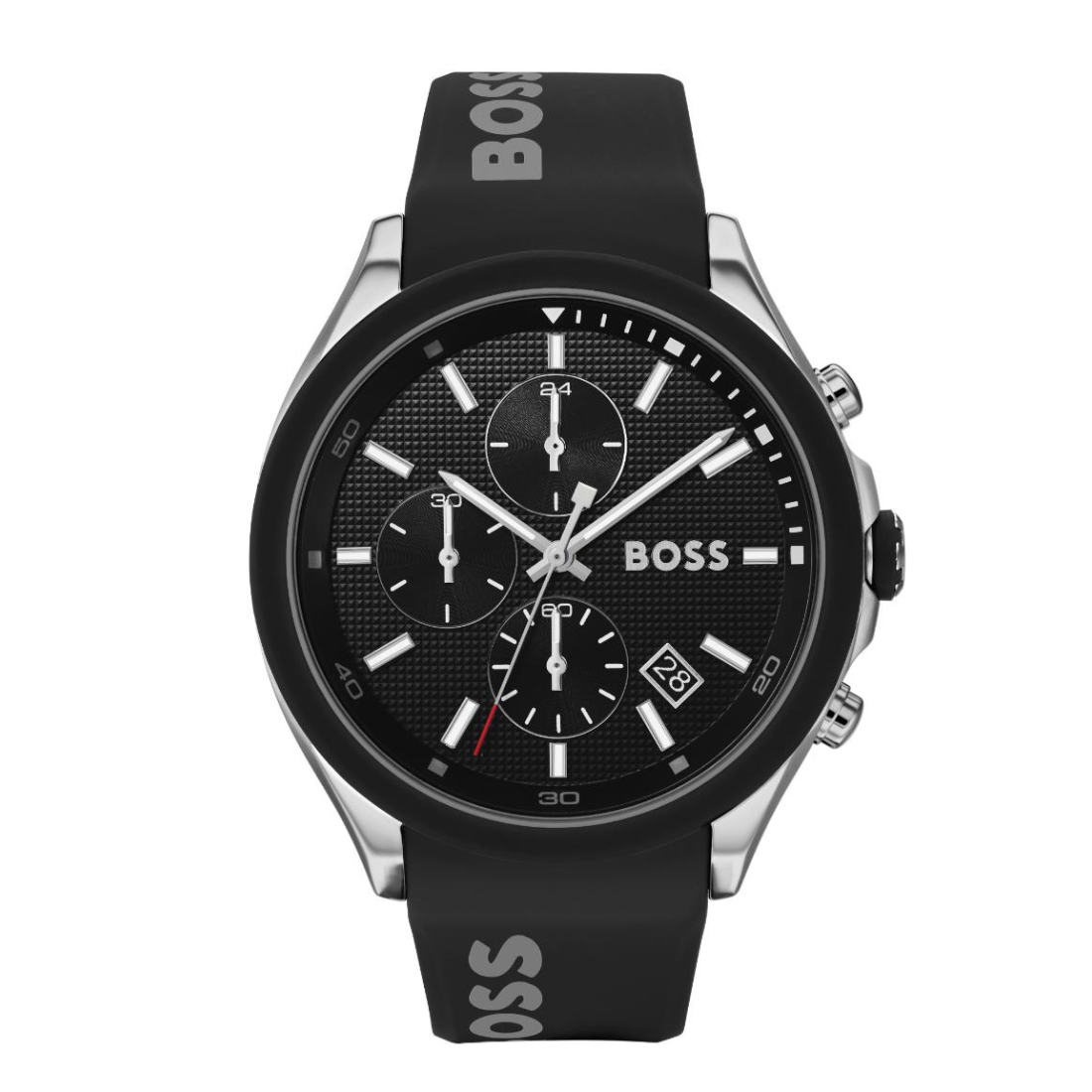 A BOSS chronograph watch with a black textured dial, silver-tone case, and black rubber strap featuring the BOSS logo.