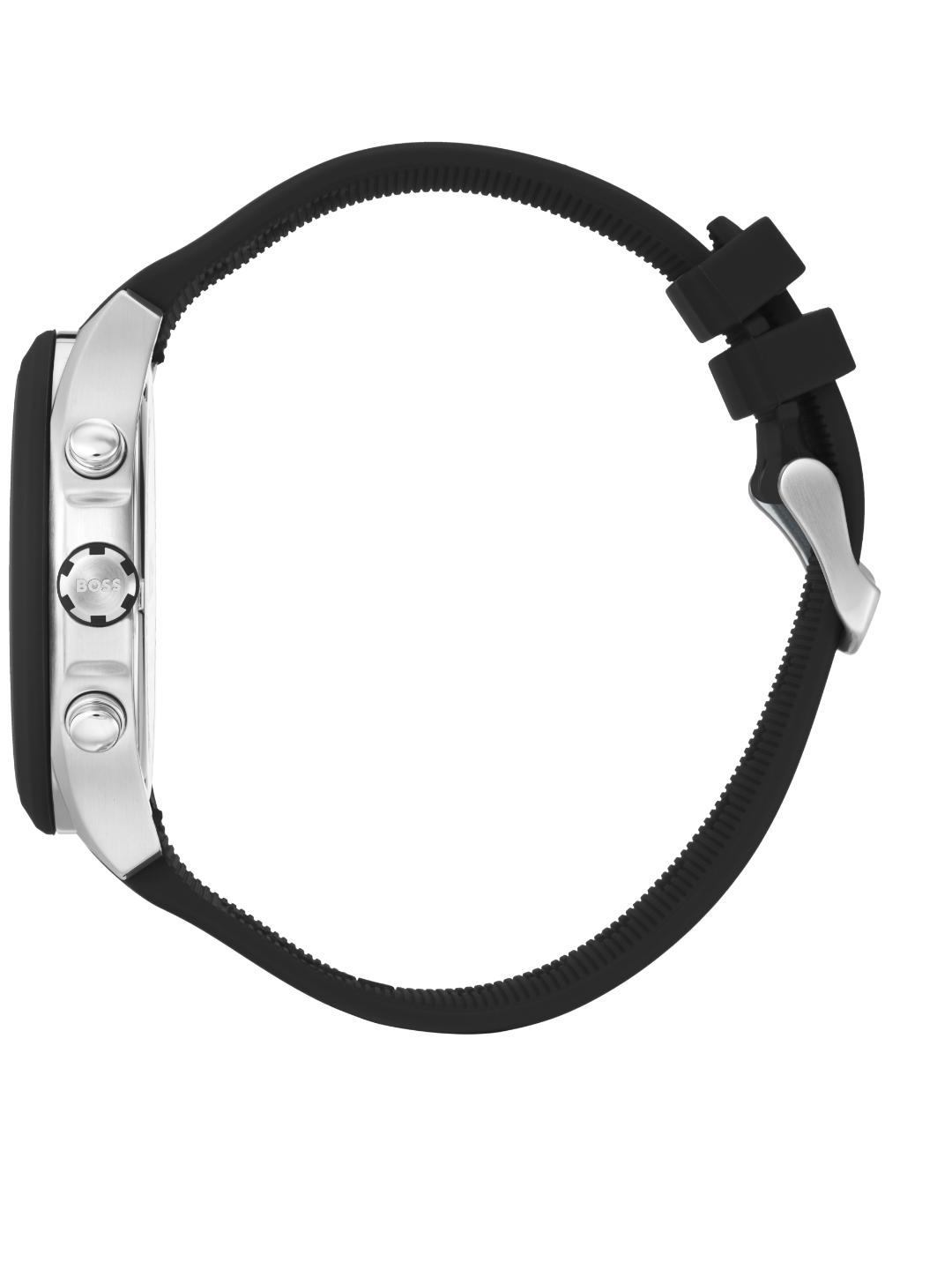A close-up side view of a smartwatch with a black textured silicone strap and a silver metallic case, set against a plain white background.