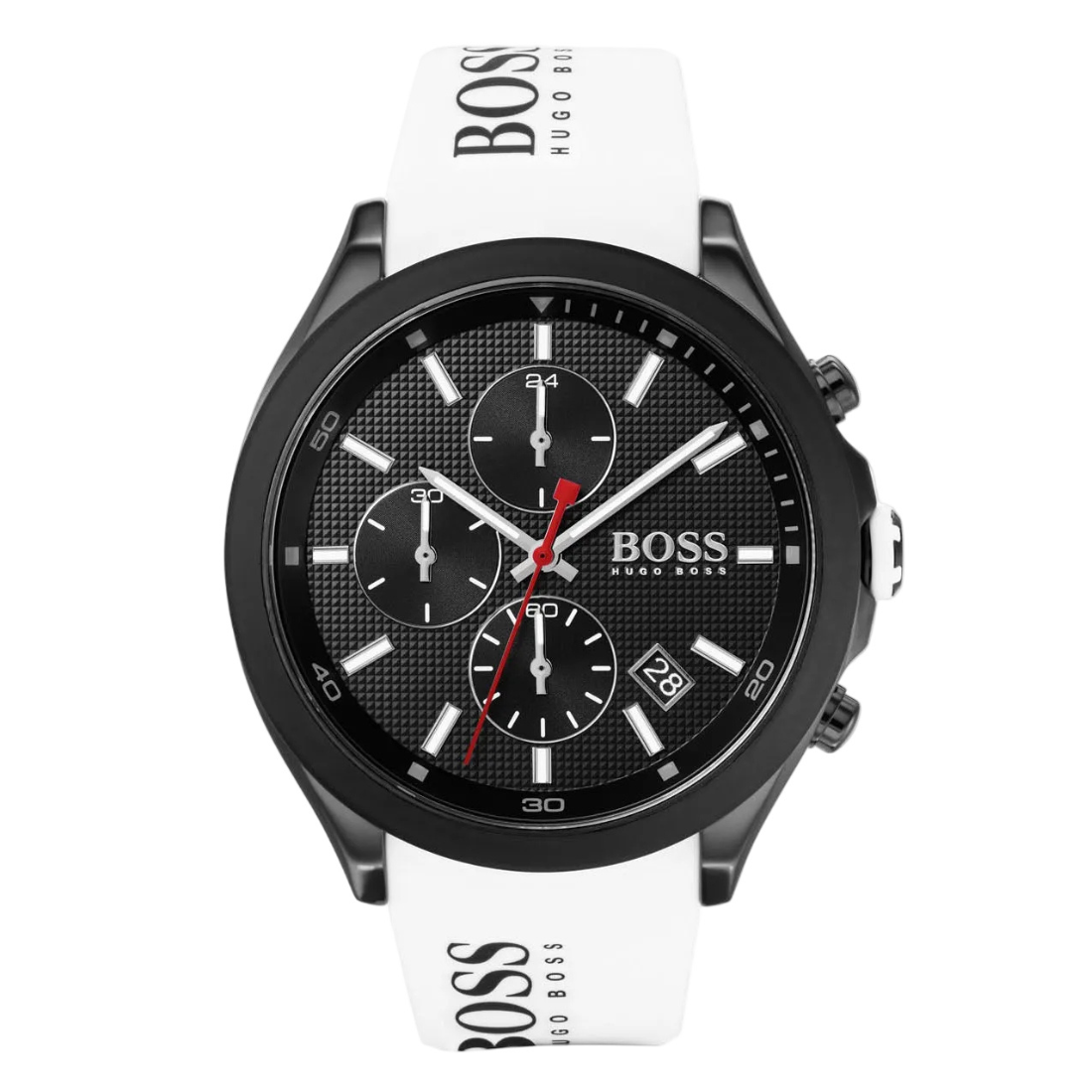 Hugo Boss watch with black face and white strap on a white background