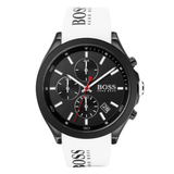 Hugo Boss watch with black face and white strap on a white background