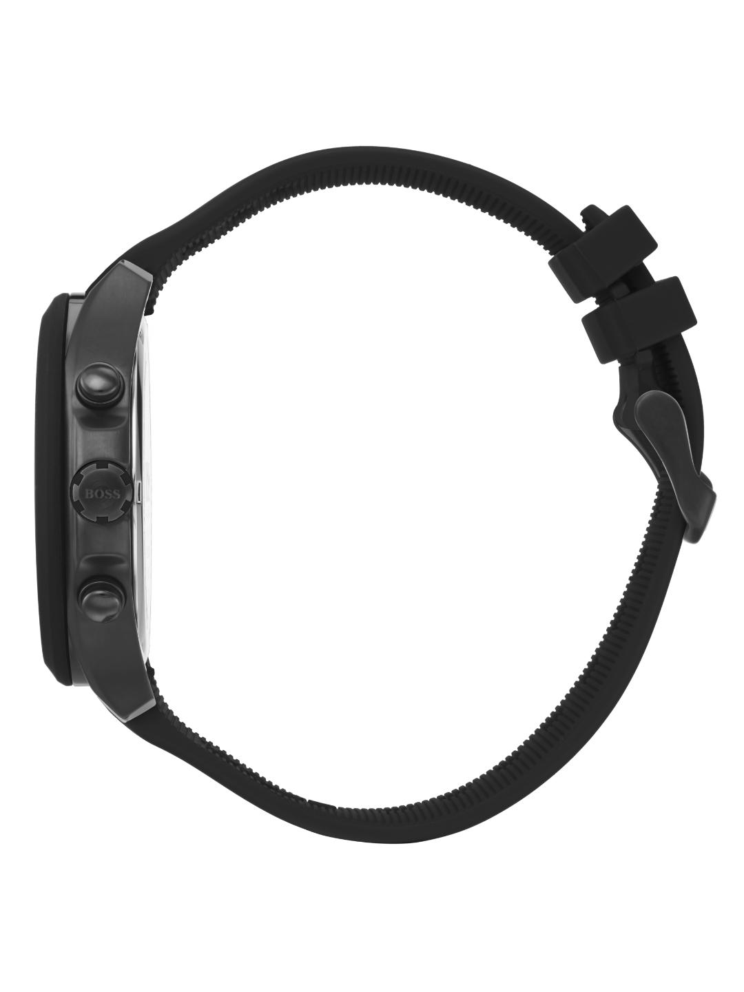 A black smartwatch shown from the side profile, featuring a matte black case with three side buttons and a matching black textured silicone strap on a plain white background.