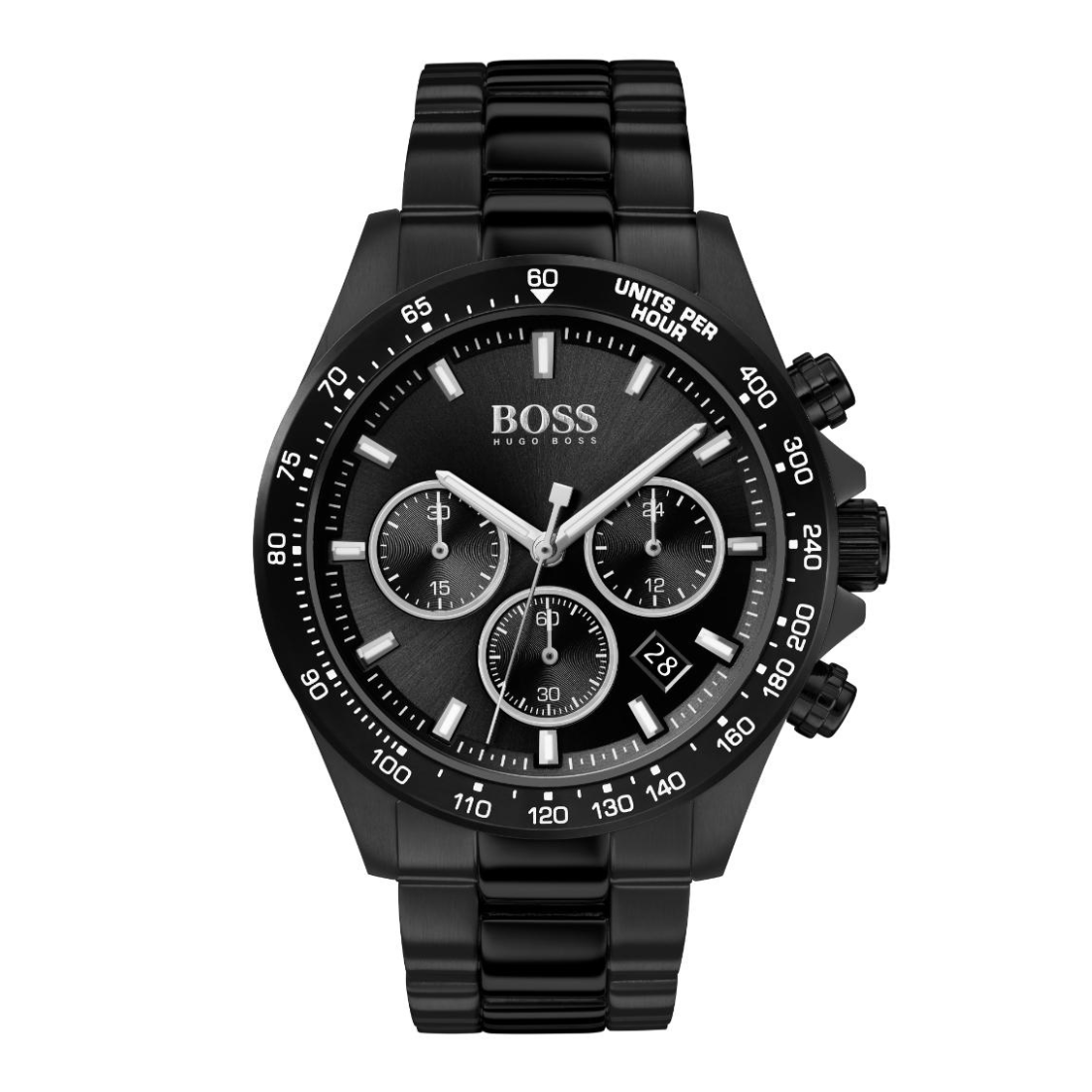 Hugo Boss men's chronograph watch with a black stainless steel case and integrated link bracelet, featuring a black dial with white markings and three subdials.