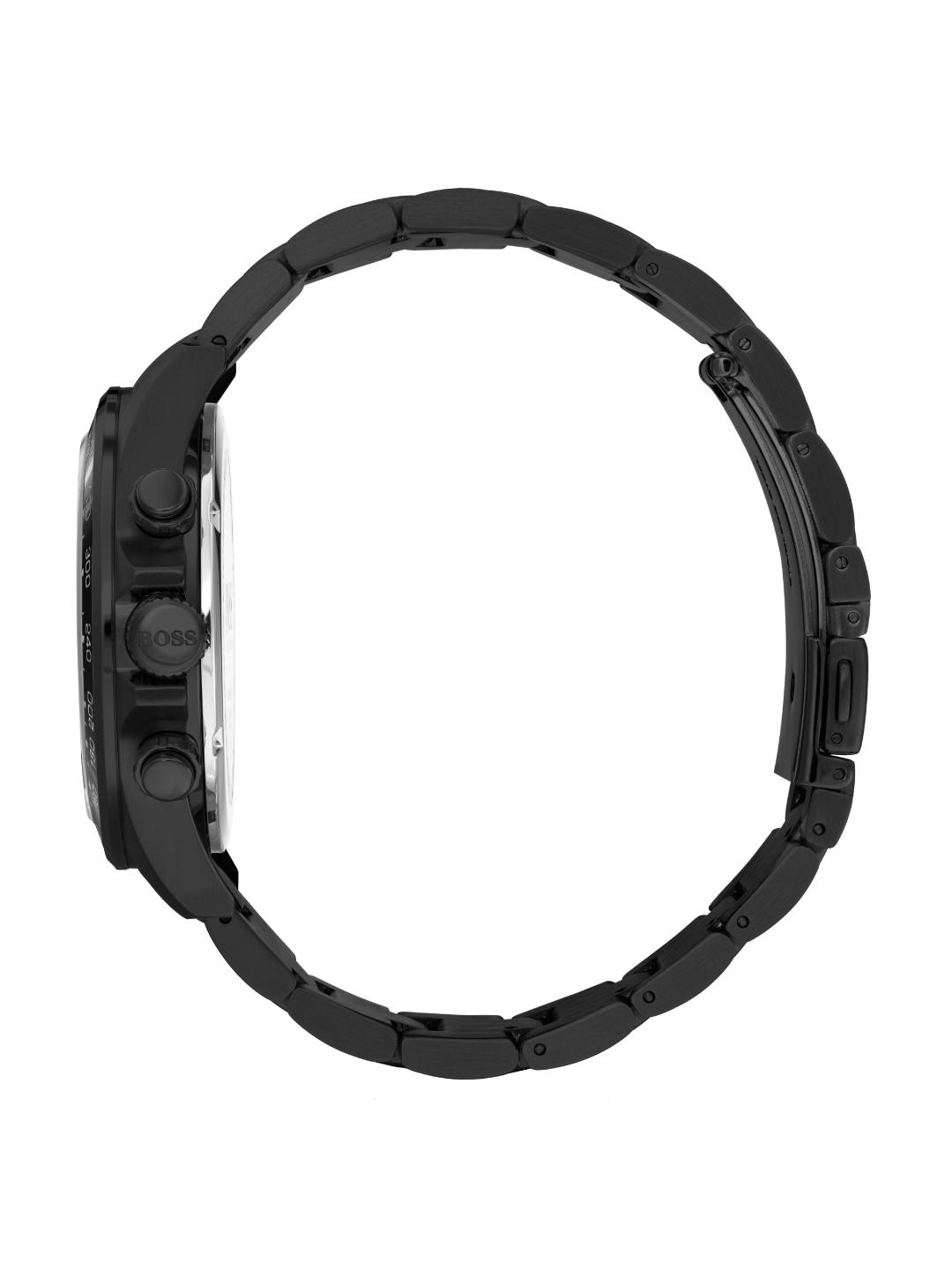 A black metal link watch band shown from the side profile against a solid white background.