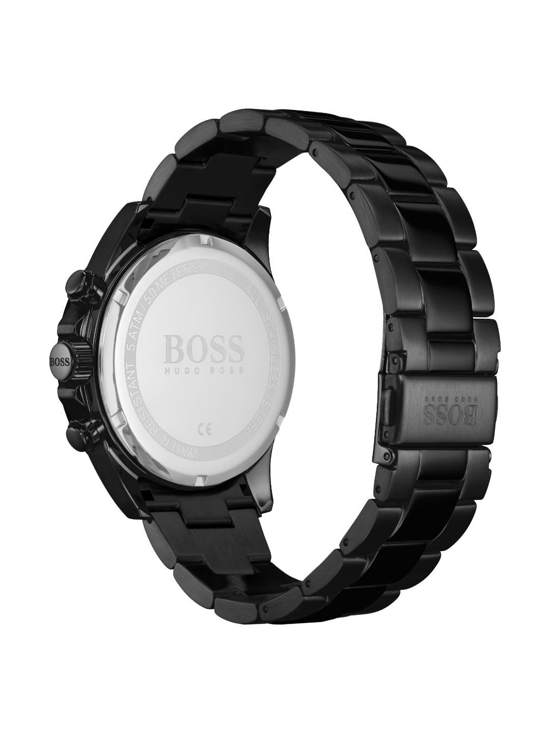 Black BOSS watch with a matching black metal link bracelet, shown from the back to display the case back and clasp, on a white background.