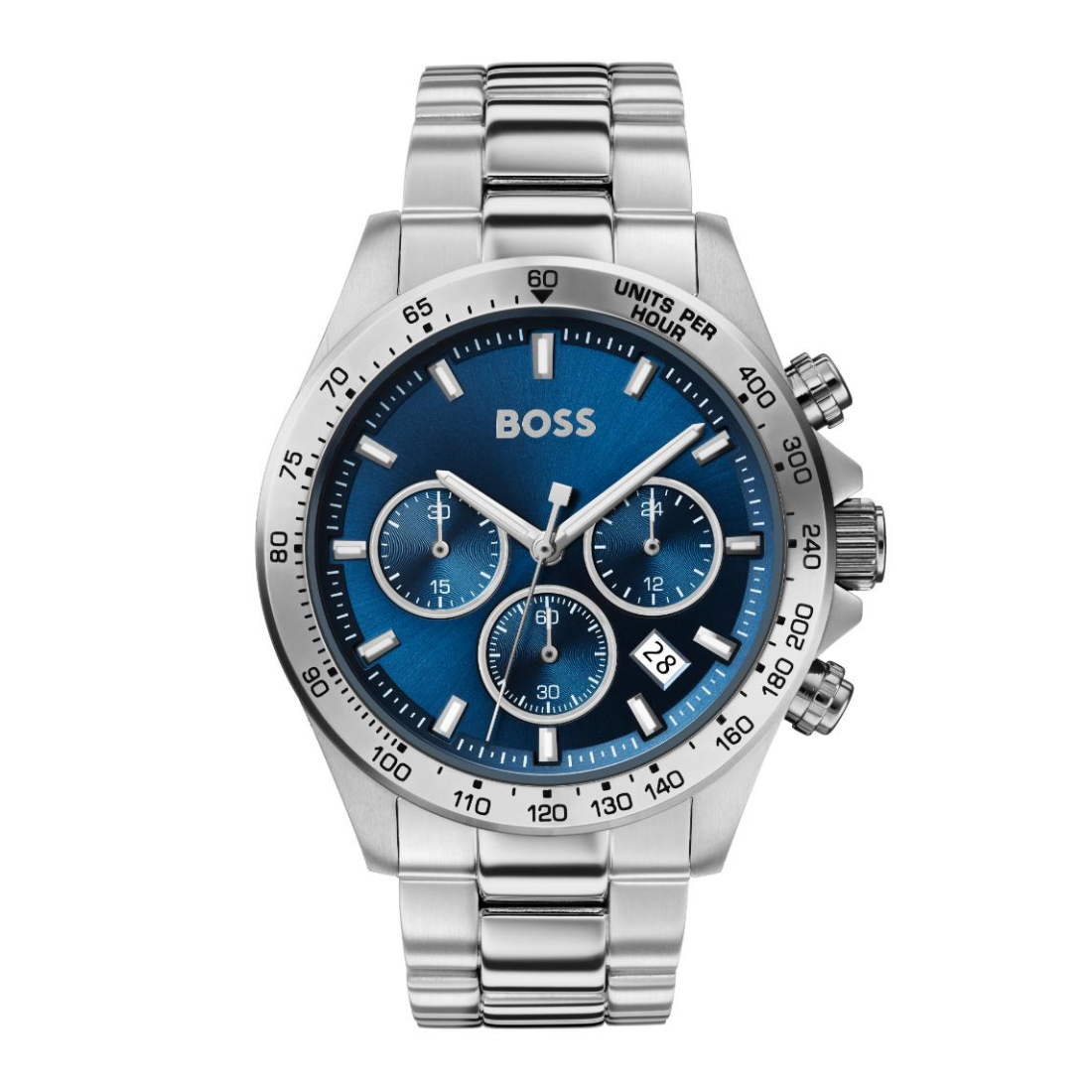 A Hugo Boss men's stainless steel chronograph watch with a blue sunburst dial, silver-tone case, and integrated metal link bracelet, shown against a plain white background.