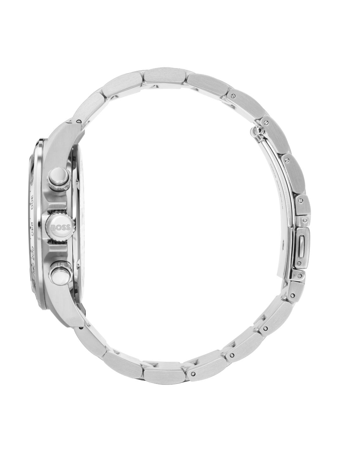 Silver stainless steel chronograph watch with a matching metal link bracelet, shown from the side profile on a white background.