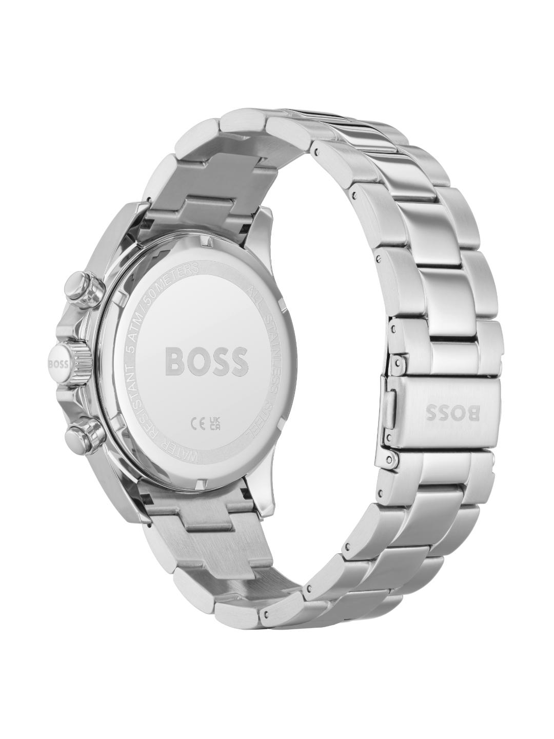 Silver stainless steel watch with a metal link bracelet, shown from the back with the case open, featuring the BOSS logo on the back cover and clasp, on a white background.