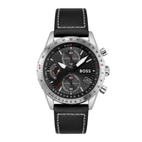 Hugo Boss chronograph watch with a black leather strap, silver-tone stainless steel case, and a black dial with white and red accents.