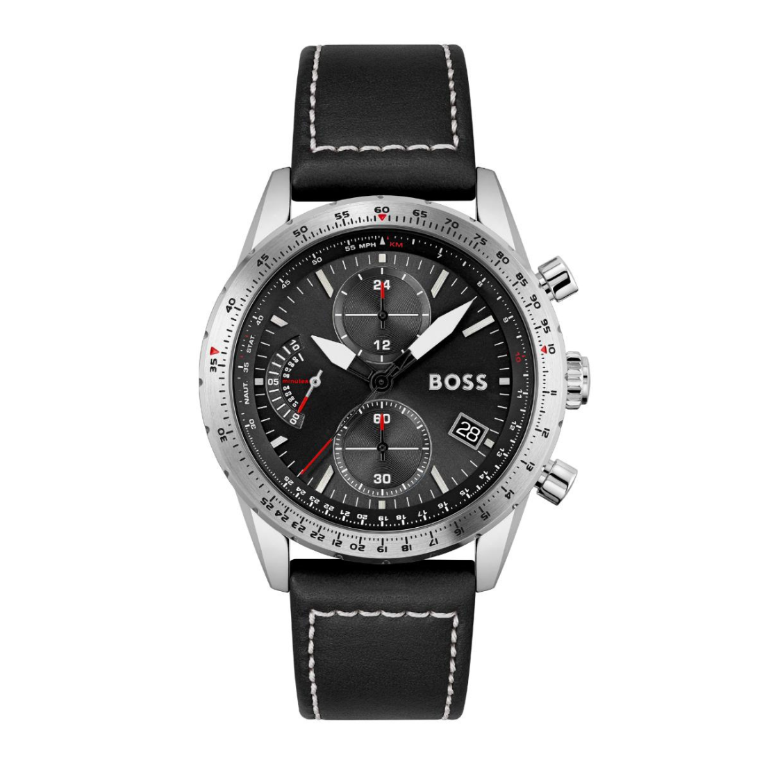 Hugo Boss chronograph watch with a black leather strap, silver-tone stainless steel case, and a black dial with white and red accents.