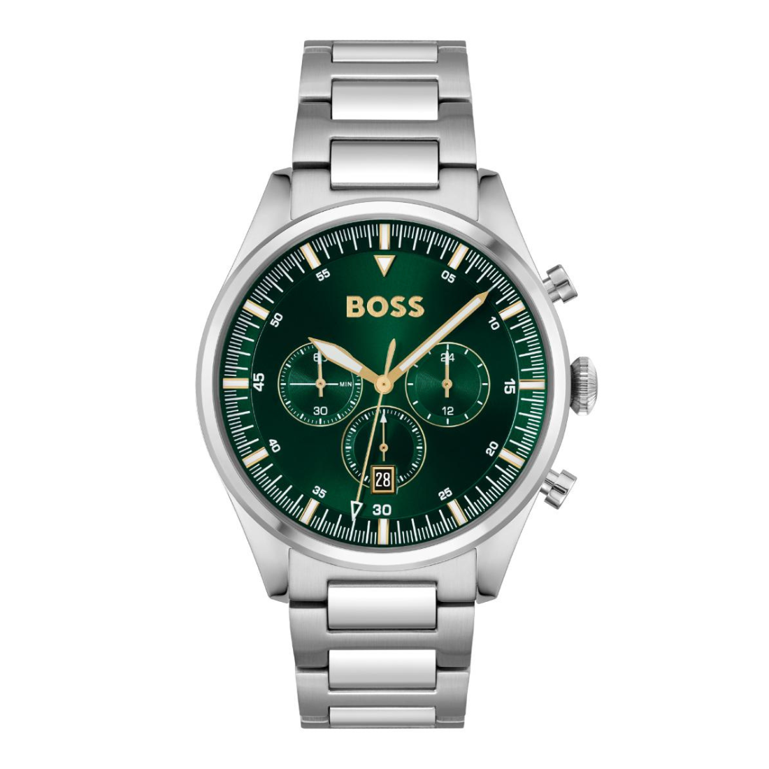 A silver stainless steel chronograph watch with a dark green dial and gold-tone hands, featuring the BOSS logo on the face, set against a plain white background.