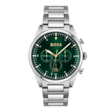 A silver stainless steel chronograph watch with a dark green dial and gold-tone hands, featuring the BOSS logo on the face, set against a plain white background.