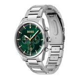 A Hugo Boss men's watch featuring a silver stainless steel link bracelet, a green dial with gold-tone hands and markers, and three sub-dials.