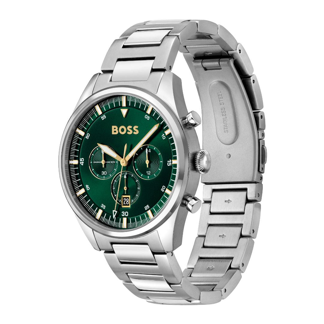 A Hugo Boss men's watch featuring a silver stainless steel link bracelet, a green dial with gold-tone hands and markers, and three sub-dials.