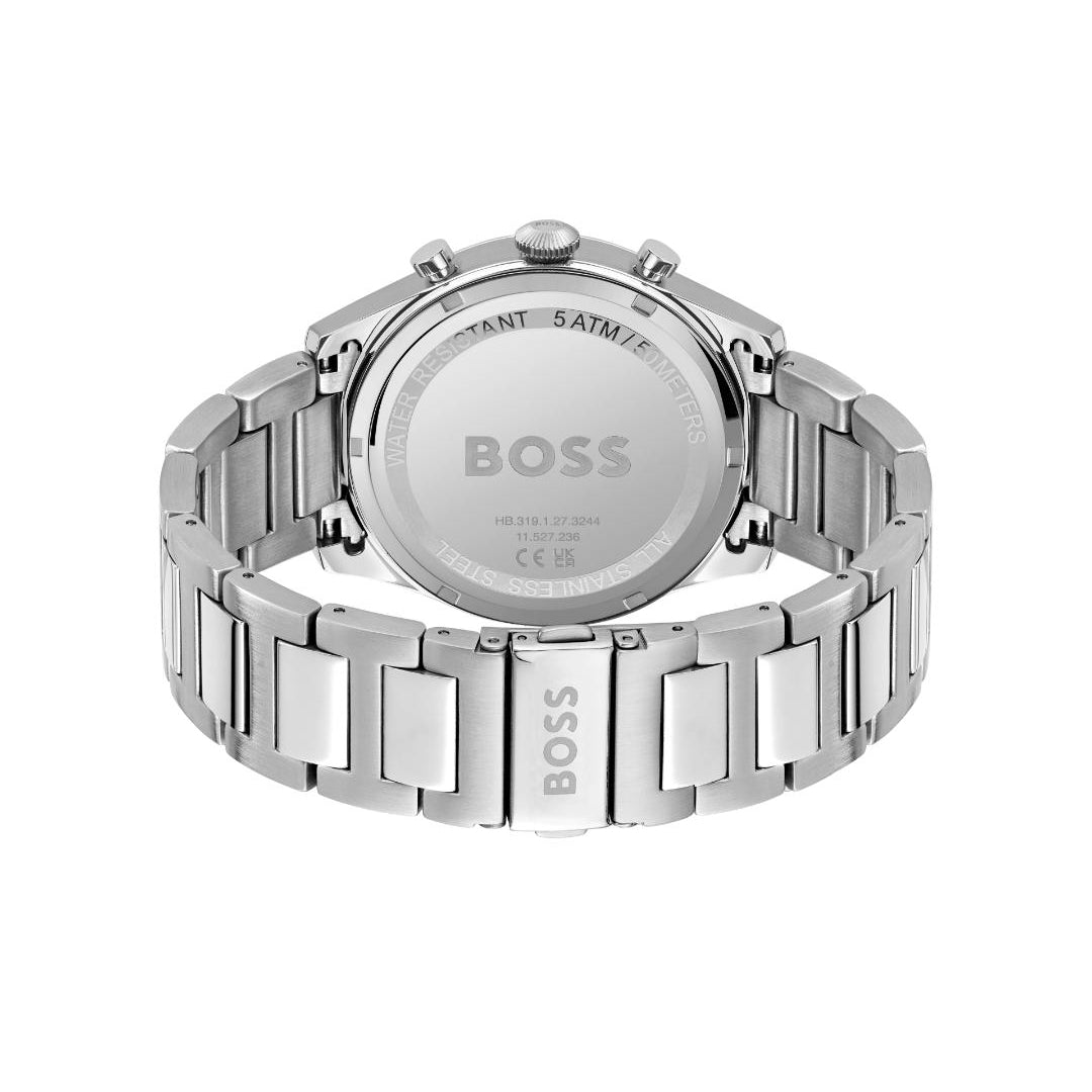 Silver stainless steel watch shown from the back, featuring a matching metal link bracelet and a polished case with the BOSS logo engraved on the back.