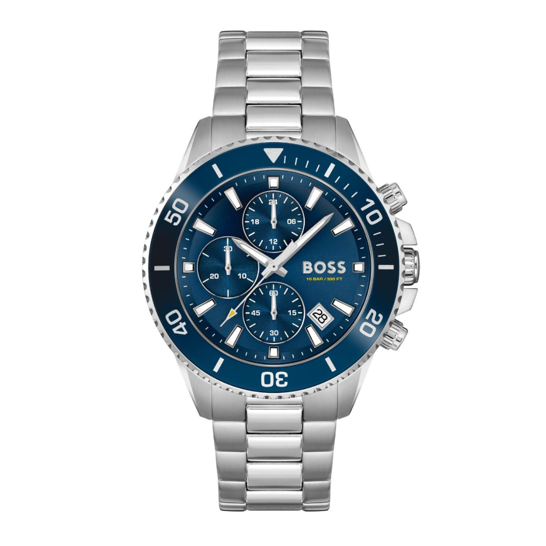 A Hugo Boss stainless steel chronograph watch with a blue dial and bezel, featuring silver-tone metal links and white hands and markers.