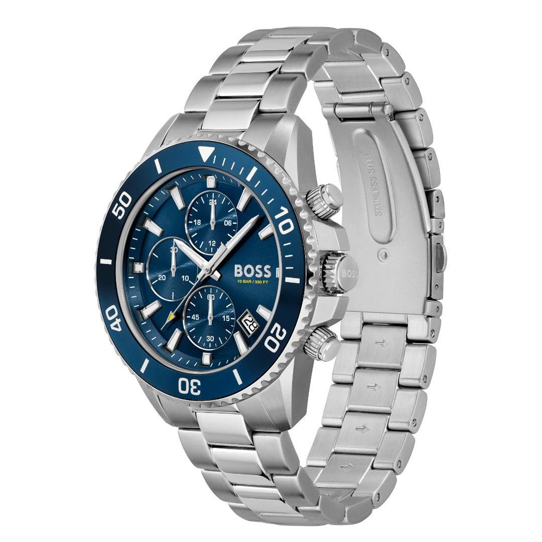 A Hugo Boss stainless steel chronograph watch with a blue dial and bezel, shown on a clean white background.