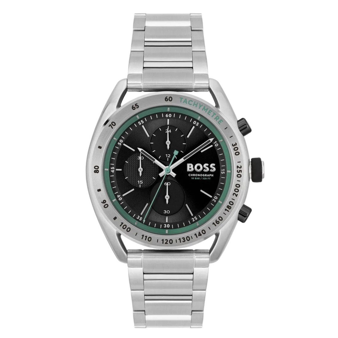 Silver watch with a black face and green accents on a white background