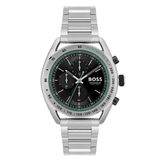 Silver watch with a black face and green accents on a white background