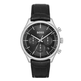 A Hugo Boss chronograph watch with a black leather strap, black dial, and silver-tone stainless steel case, shown against a plain white background.