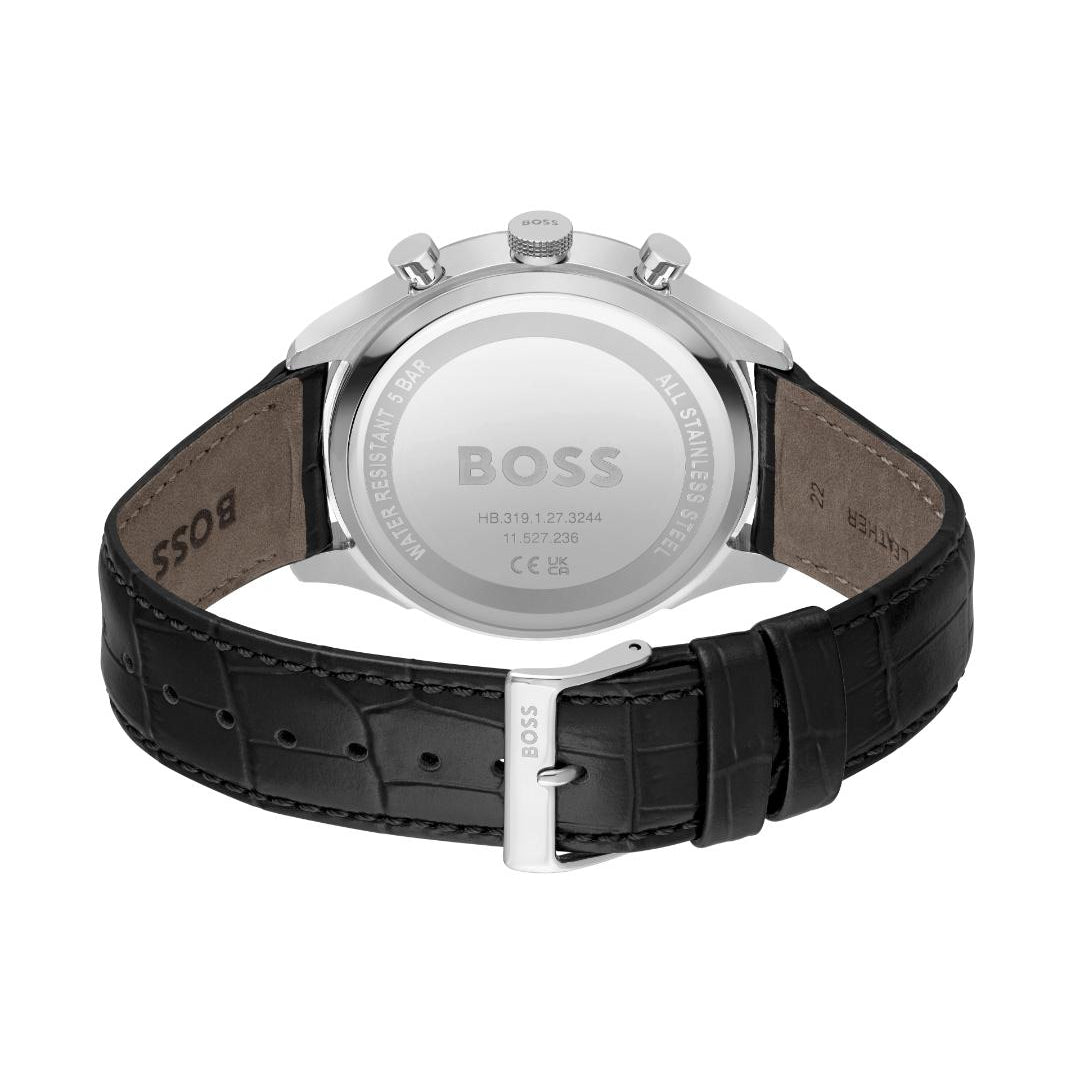 The back view of a BOSS watch with a silver-toned chronograph case and a black alligator-patterned leather strap, shown on a plain white background.