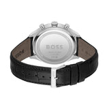 The back view of a BOSS watch with a silver-toned chronograph case and a black alligator-patterned leather strap, shown on a plain white background.