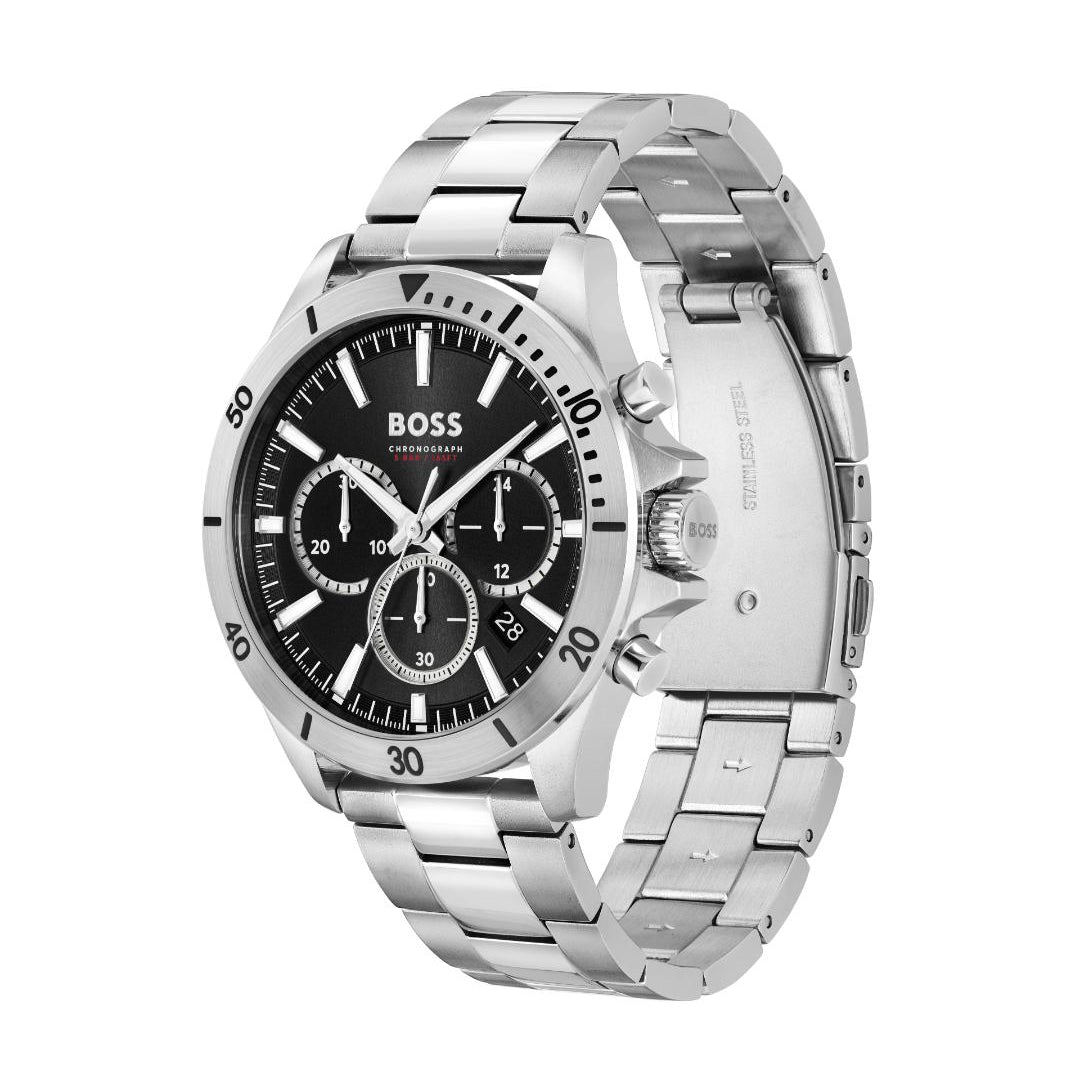 A Hugo Boss stainless steel watch with a black dial, featuring three sub-dials, silver-tone bezel markers, and a matching silver metal link bracelet, shown on a plain white background.