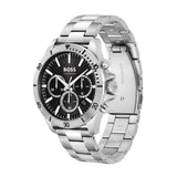 A Hugo Boss stainless steel watch with a black dial, featuring three sub-dials, silver-tone bezel markers, and a matching silver metal link bracelet, shown on a plain white background.