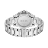 The back view of a silver stainless steel watch with a matching metal link bracelet, featuring the BOSS logo engraved on the case back and clasp, set against a plain white background.