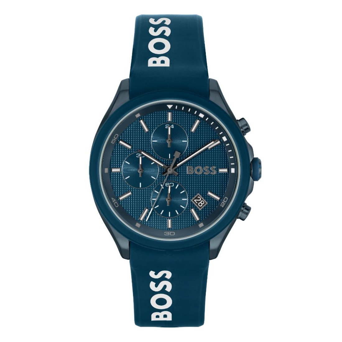 A Hugo Boss men's watch featuring a dark blue textured dial, a matching blue case, and a blue silicone strap with white BOSS branding printed vertically on both ends.