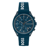 A Hugo Boss men's watch featuring a dark blue textured dial, a matching blue case, and a blue silicone strap with white BOSS branding printed vertically on both ends.