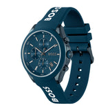 A BOSS smartwatch with a dark blue textured dial, a dark blue sport case, and a dark blue silicone strap featuring the white BOSS logo printed on it, shown against a plain white background.