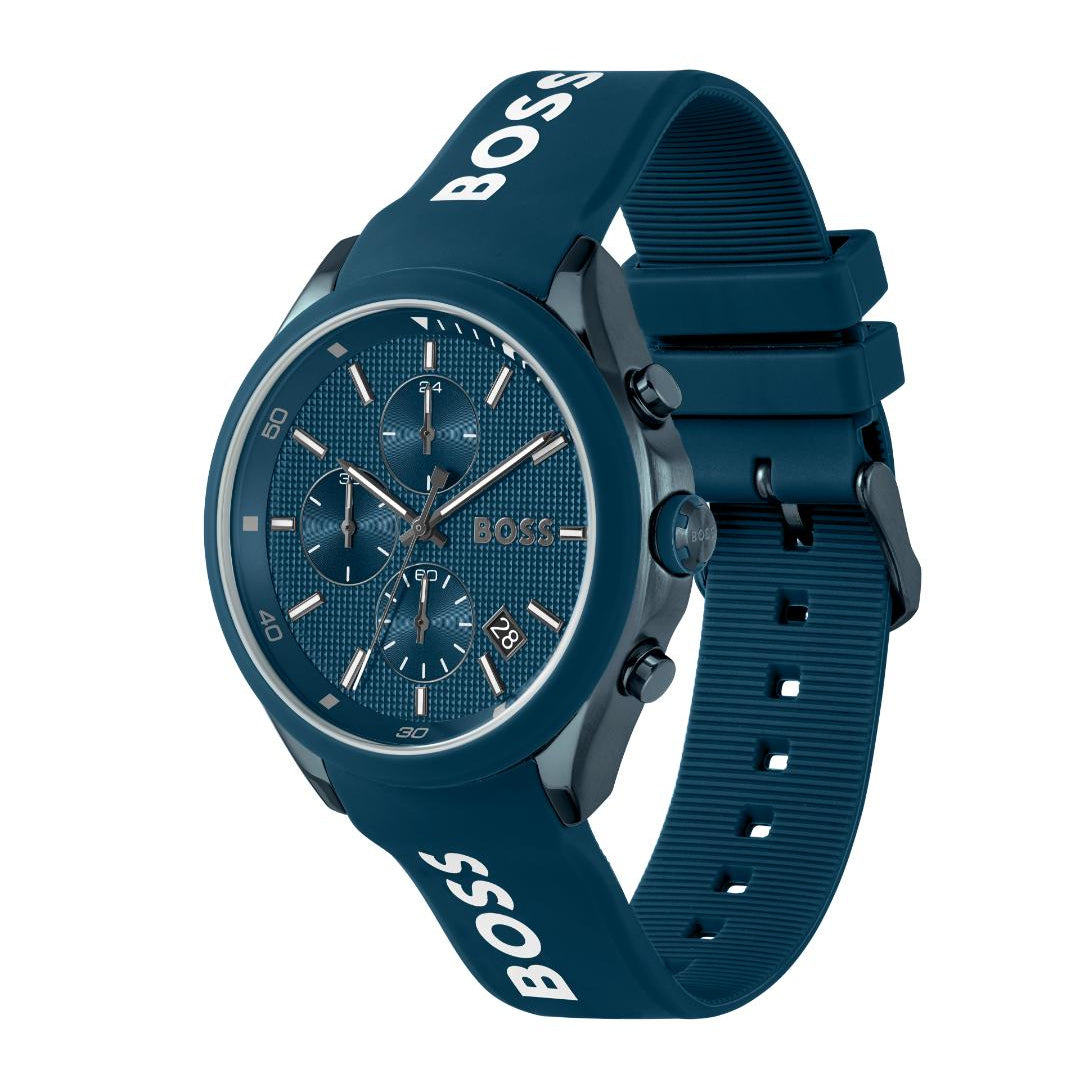 A BOSS smartwatch with a dark blue textured dial, a dark blue sport case, and a dark blue silicone strap featuring the white BOSS logo printed on it, shown against a plain white background.
