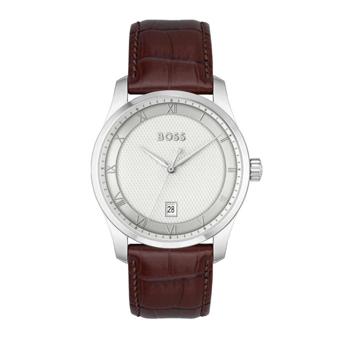 A Hugo Boss wristwatch with a silver-tone stainless steel case, a textured white dial with Roman numerals, and a dark brown alligator-patterned leather strap, shown against a plain white background.