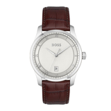 A Hugo Boss wristwatch with a silver-tone stainless steel case, a textured white dial with Roman numerals, and a dark brown alligator-patterned leather strap, shown against a plain white background.