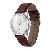 A Hugo Boss men's watch featuring a silver-tone stainless steel case, a textured white dial with Roman numeral hour markers, and a dark brown alligator-patterned leather strap.