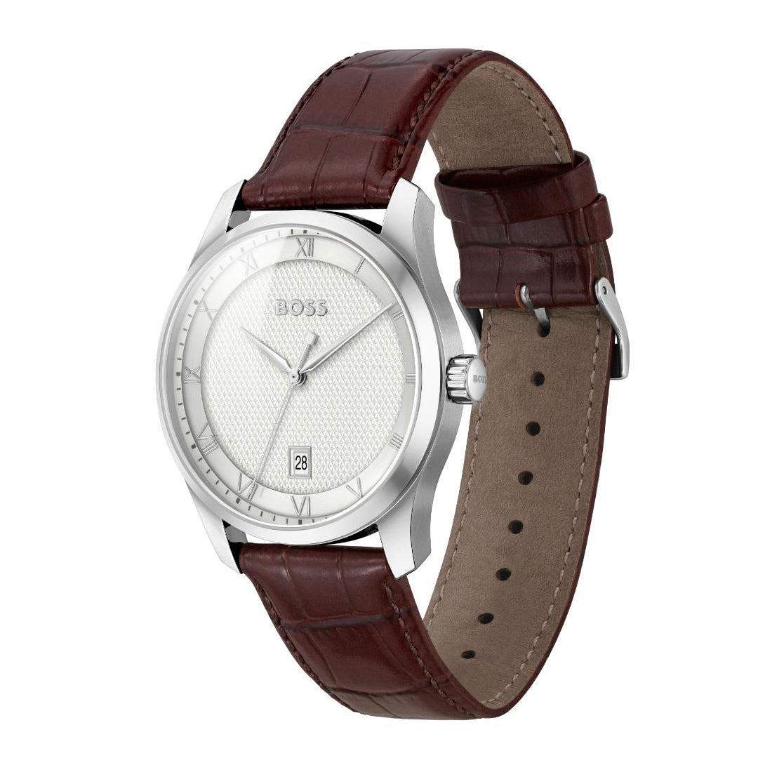 A Hugo Boss men's watch featuring a silver-tone stainless steel case, a textured white dial with Roman numeral hour markers, and a dark brown alligator-patterned leather strap.