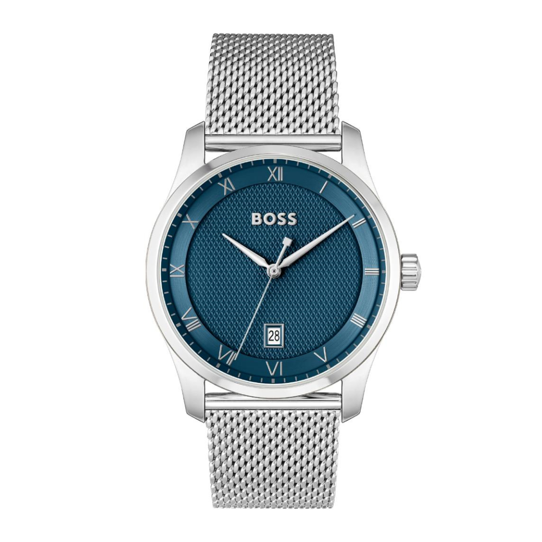 A Hugo Boss men's analog watch featuring a textured blue dial, silver-tone stainless steel case, and a matching silver-tone mesh strap, shown against a plain white background.